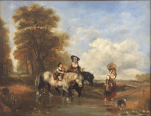Circle of William Shayer (1787-1879):Figures travelling through a river landscape, oil on canvas, 35 x 45 cm