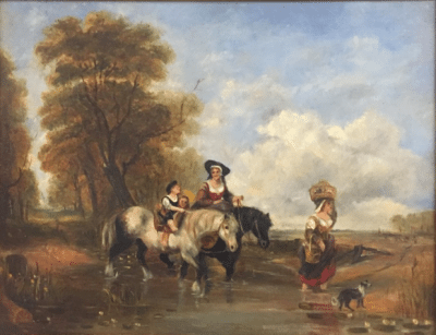 Circle of William Shayer (1787-1879):Figures travelling through a river landscape, oil on canvas, 35 x 45 cm