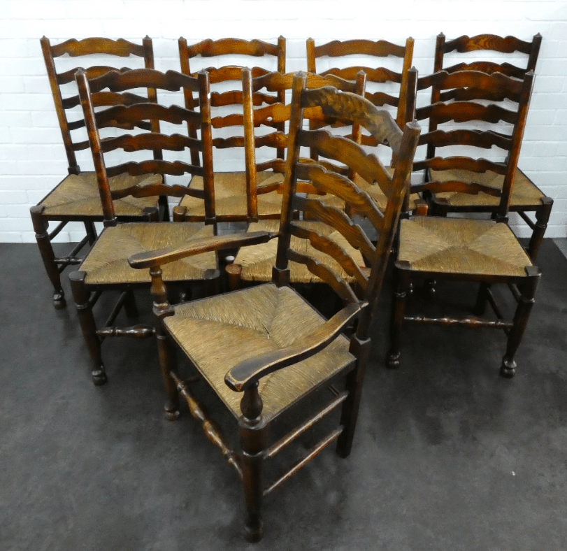 Set of eight Victorian Lancashire ladderback dining chairs