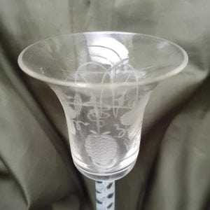 18th cent engraved bell bowl double airtwist wine glass