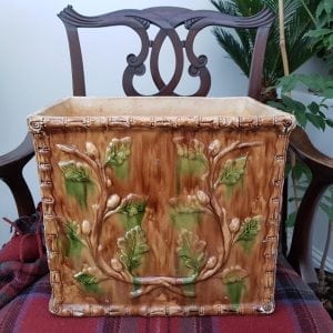 A rare Victorian Scottish pottery slip glaze rectangular planter with acorn leaf moulded pattern
