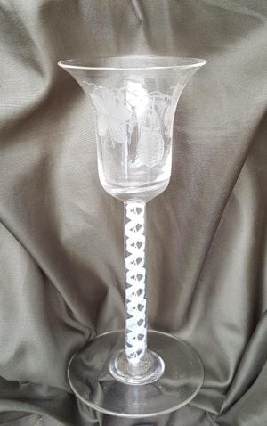 18th cent engraved bell bowl double airtwist wine glass
