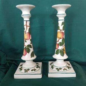 Large pair of Wemyss candlesticks decorated with apples