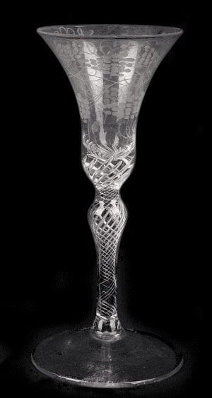 An engraved airtwist stem wine glass mid 18th century