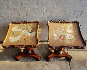 A fine pair of Victorian rosewood tapestry topped side tables