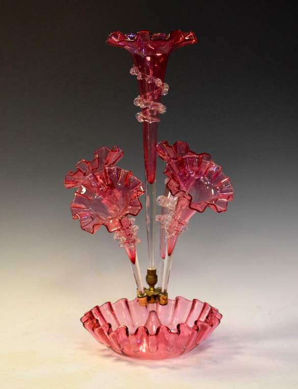 Victorian cranberry five-branch epergne, 51cm