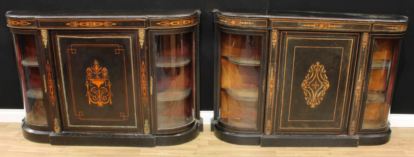 A near pair of Victorian ebonised and marquetry credenzas