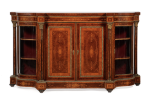 A VICTORIAN BURR YEW, WALNUT, AND MARQUETRY INLAID SIDE CABINET
