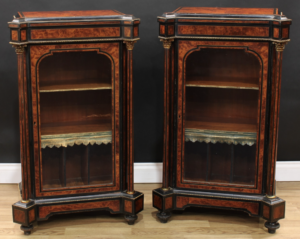 A pair of Victorian gilt metal mounted amboyna and ebonised