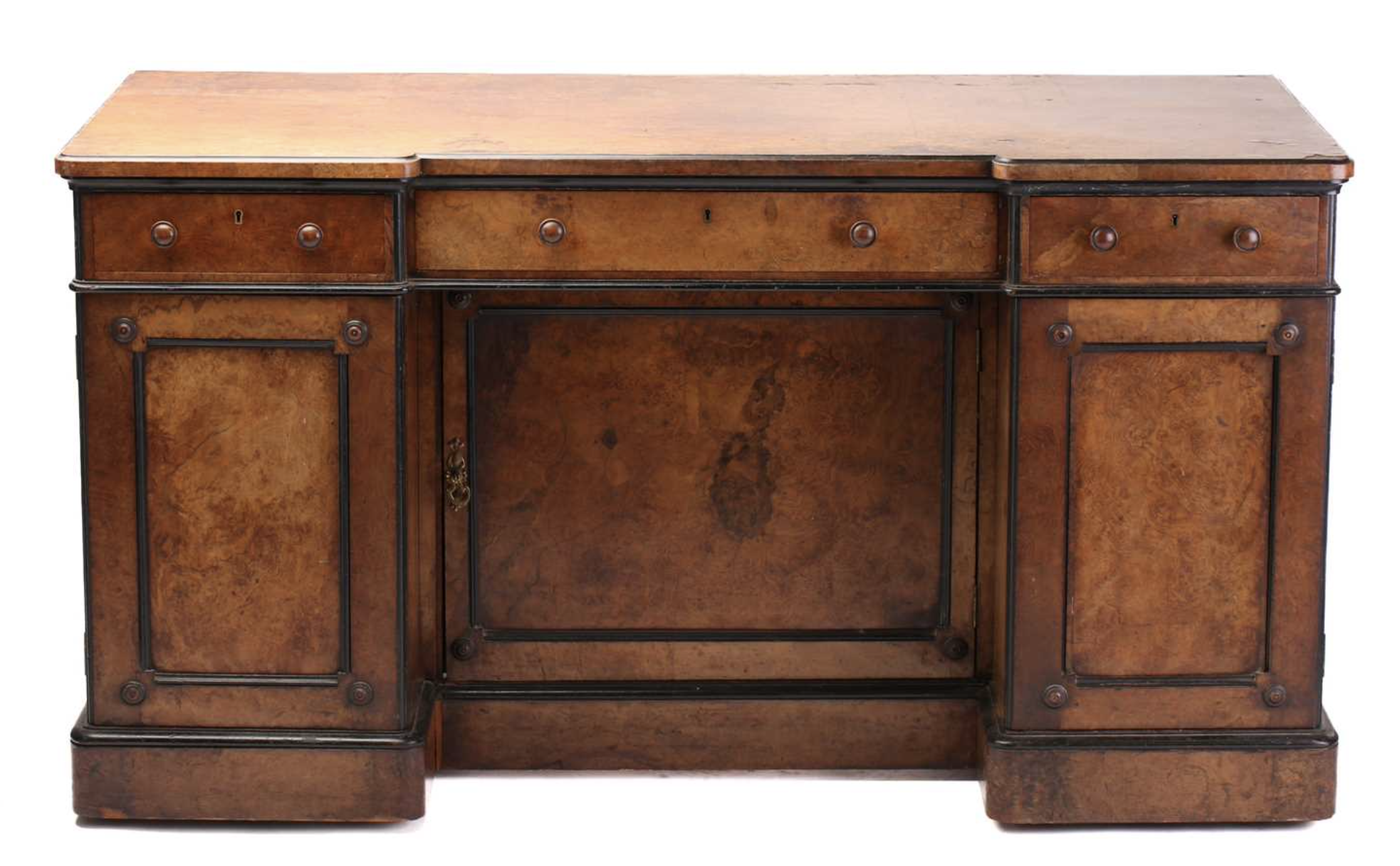 A Victorian burr walnut kneehole desk