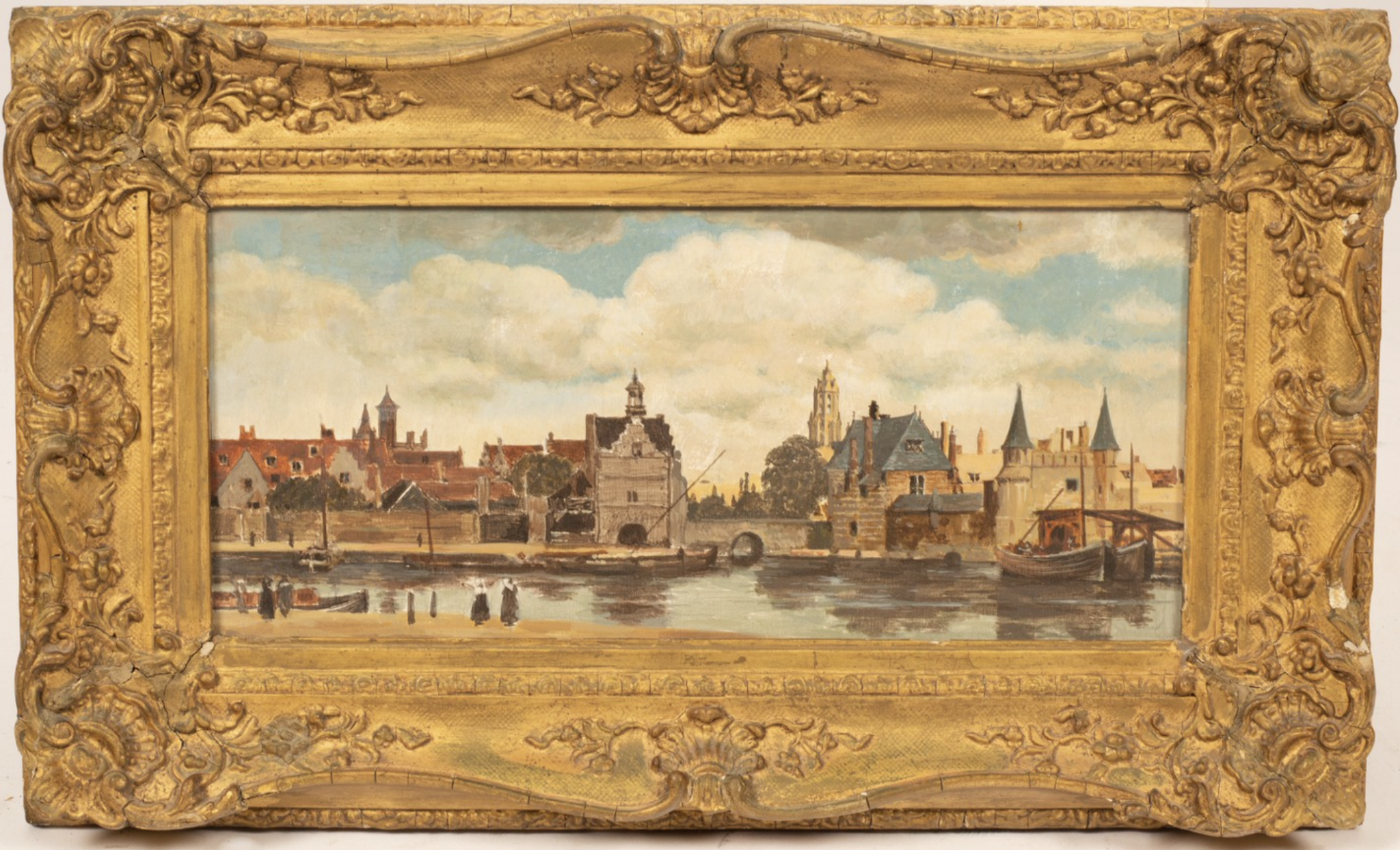 A 19th century painting, Townscape with River and boats. Oil on panel.  Take from Vermeer's View of Delft