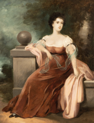 Samuel Lawrence (1811-1884) Oil Painting. A superb painting of a fine Lady Seated by a Pillar in a Garden.  Signed/oil on panel,