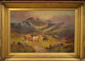Large Victorian Highland cattle oil painting.