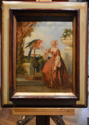 “ Lady with Macaw parrot on a balcony 