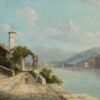 English School19th-century most charming painting with figures on the shore of an Italian lake Bears initials TMR (lower left) Oil on board 31 x 35.5cm; 12¼ x 14in