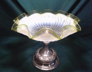 Vaseline glass and plated comport