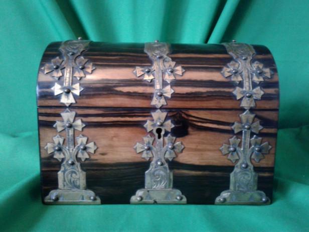 Victorian Corimandel brass bound stationary box.