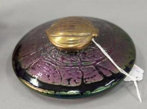 Rare squat Loetz art glass inkwell Art Nouveau iridescent.