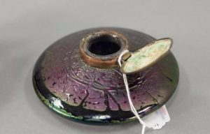 Rare squat Loetz art glass inkwell Art Nouveau iridescent.