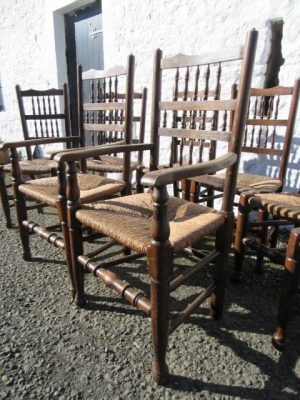 Set of 8 Victorian rush seated high back oak dining chairs