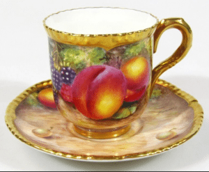 Worcester hand painted fruit pattern cabinet cup and saucer,