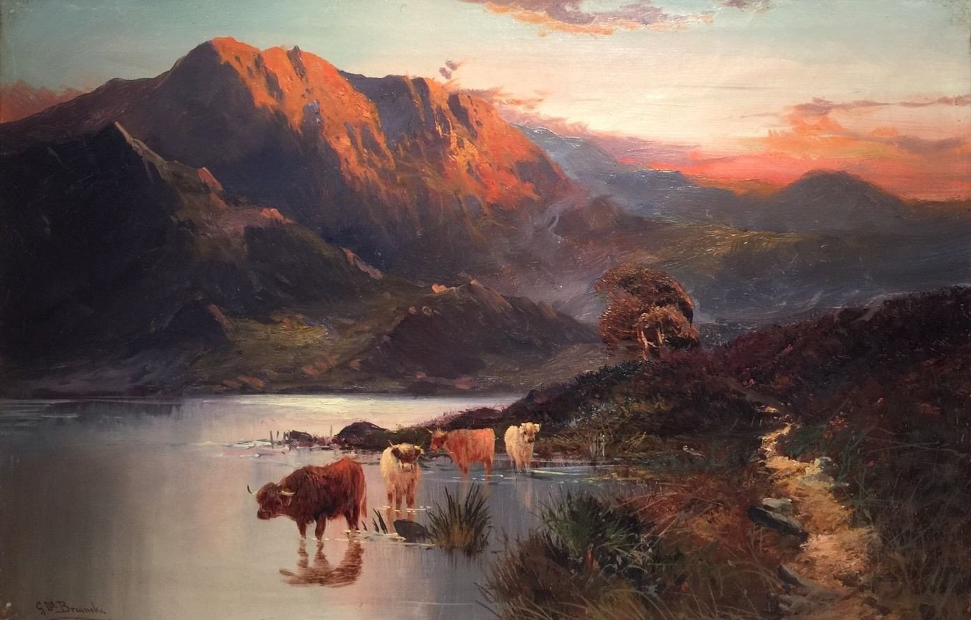   Gustave de Breanski Oil Painting "Cattle at Sunset" Scottish west highlands