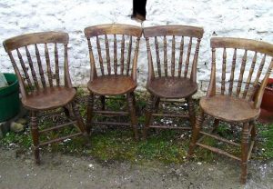 Set of four rare Scottish Victorian burr elm kitchen chairs